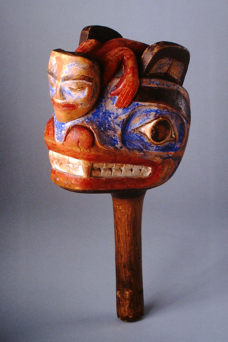 Rattle, Wood, pebbles, polychrome, Native American (Skittagetan or Haida)