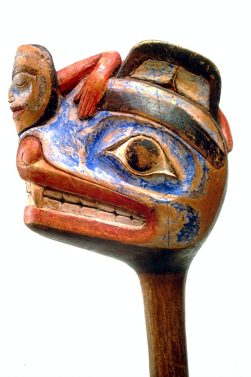 Rattle, Wood, pebbles, polychrome, Native American (Skittagetan or Haida)