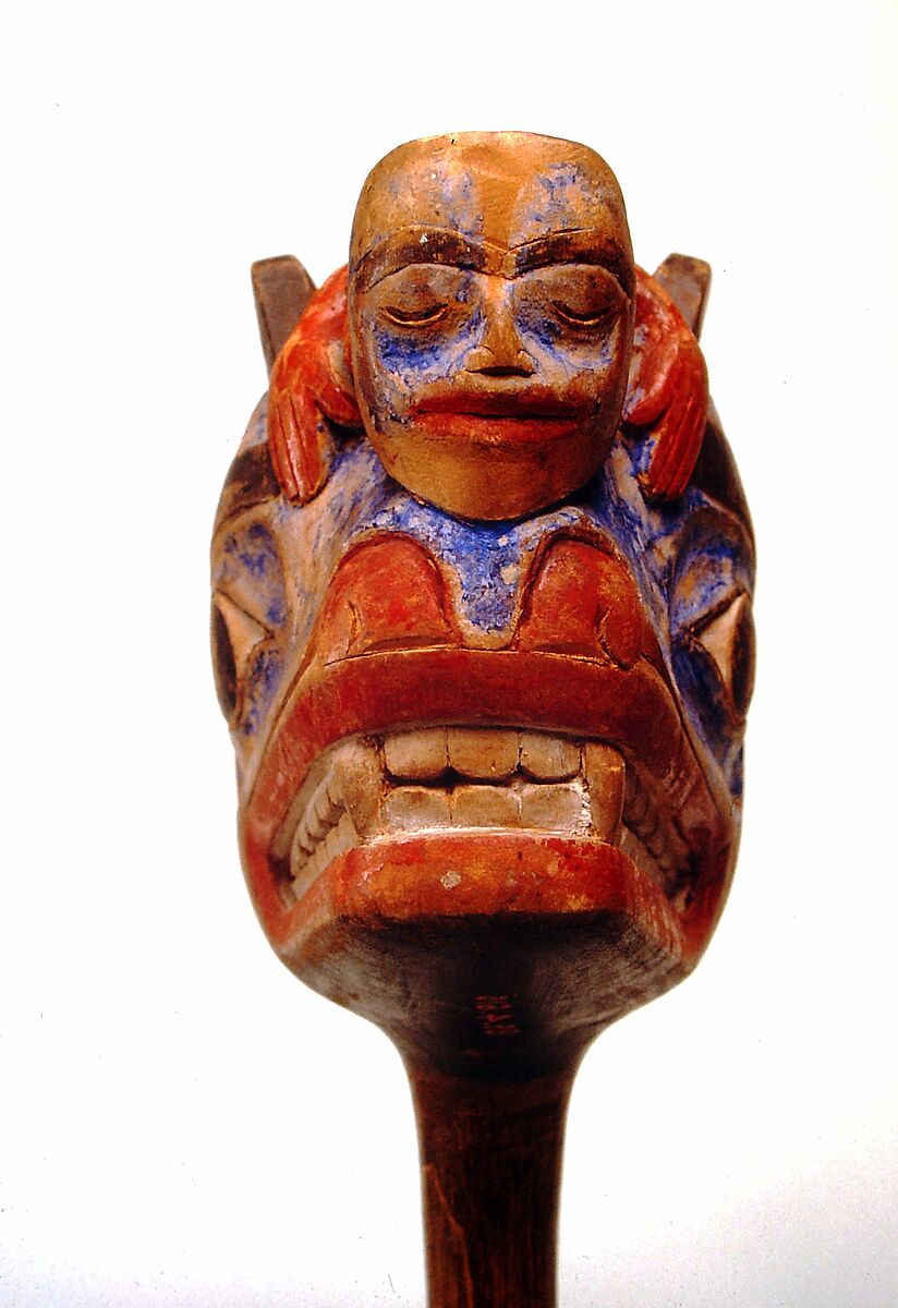 Rattle, Wood, pebbles, polychrome, Native American (Skittagetan or Haida)