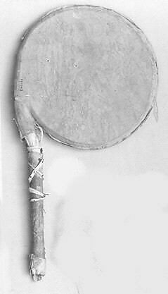 Disc Rattle, Wood, skin (deer?), pebble, polychome, cord, Native American (Siouan, Dakota probably)