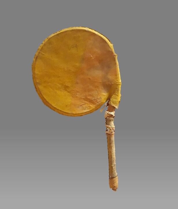 Disc Rattle, Wood, skin (deer?), pebble, polychome, cord, Native American (Siouan, Dakota probably)