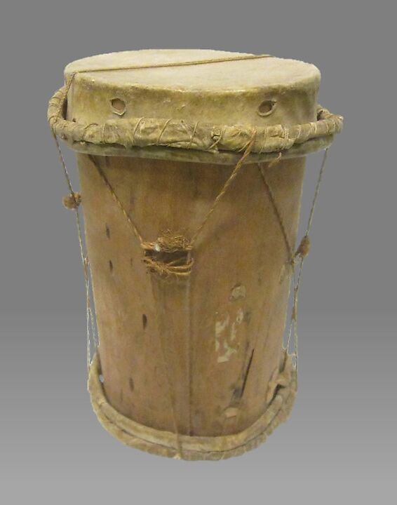 Drum, Wood, skin, fiber cord., Guatemalan