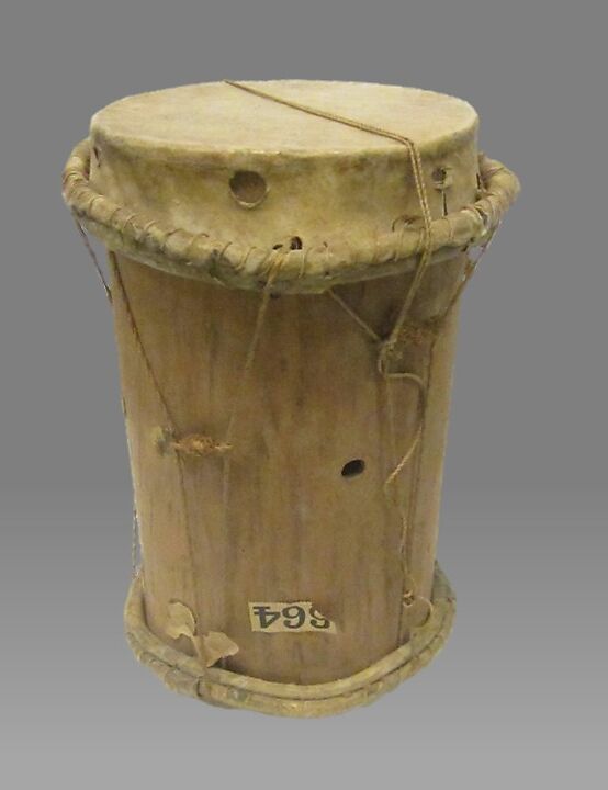 Drum, Wood, skin, fiber cord., Guatemalan 