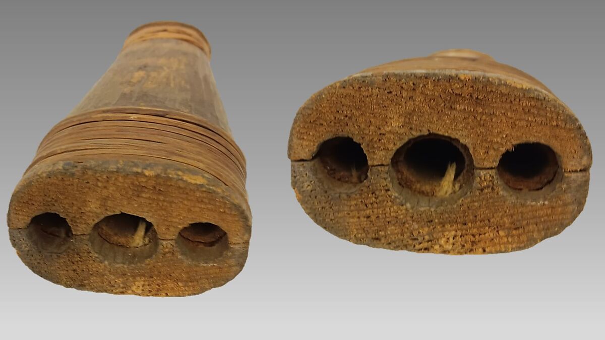 Reed Pipe (triple), wood (red cedar or spruce), split bark, Native American (Skittagetan, probably Haida)