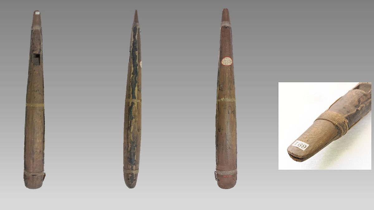 Stopped Pipe, wood (spruce or cedar), cord, resin, cloth, Native American (Haida)