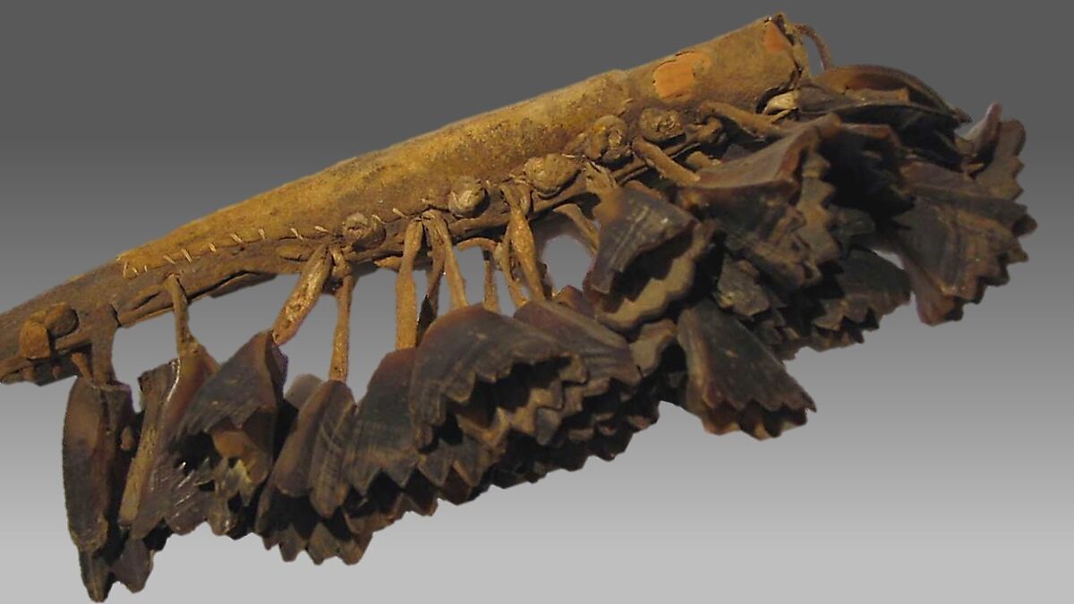 Dew claw rattle, Wood, hide, dew claws, Native American (Lakota, Sioux)