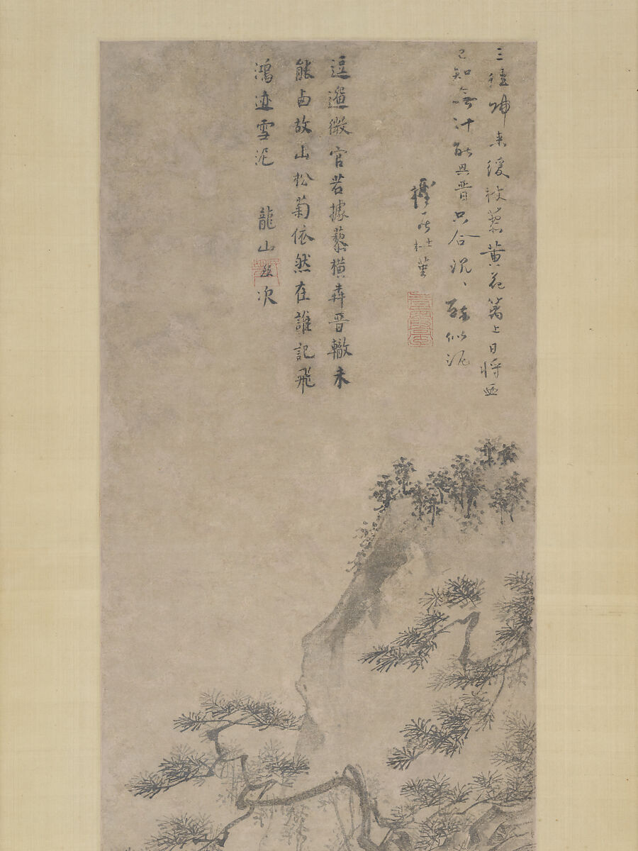 Tao Yuanming enjoying chrysanthemums, Du Jin (Chinese, active ca. 1465–1509), Hanging scrolls; ink and color on paper, China