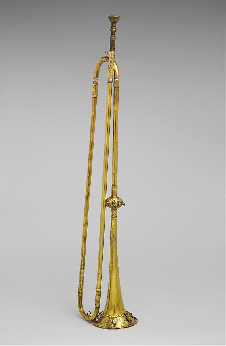 Natural Trumpet in D, Andreas Naeplaesnigg (Germany, active Jettingen ca. 1790), Brass, colored rock, German 