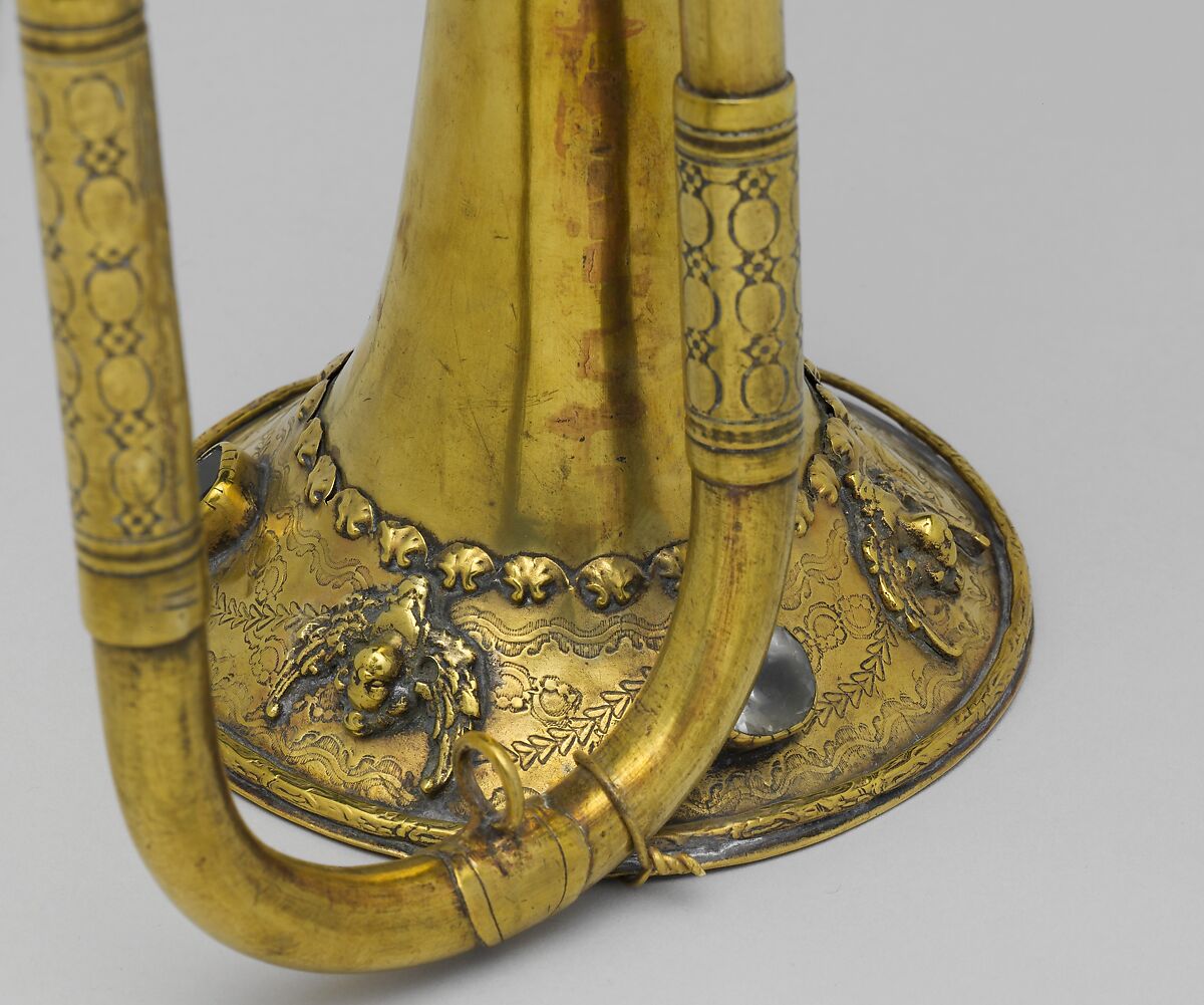Natural Trumpet in D, Andreas Naeplaesnigg (Germany, active Jettingen ca. 1790), Brass, colored rock, German