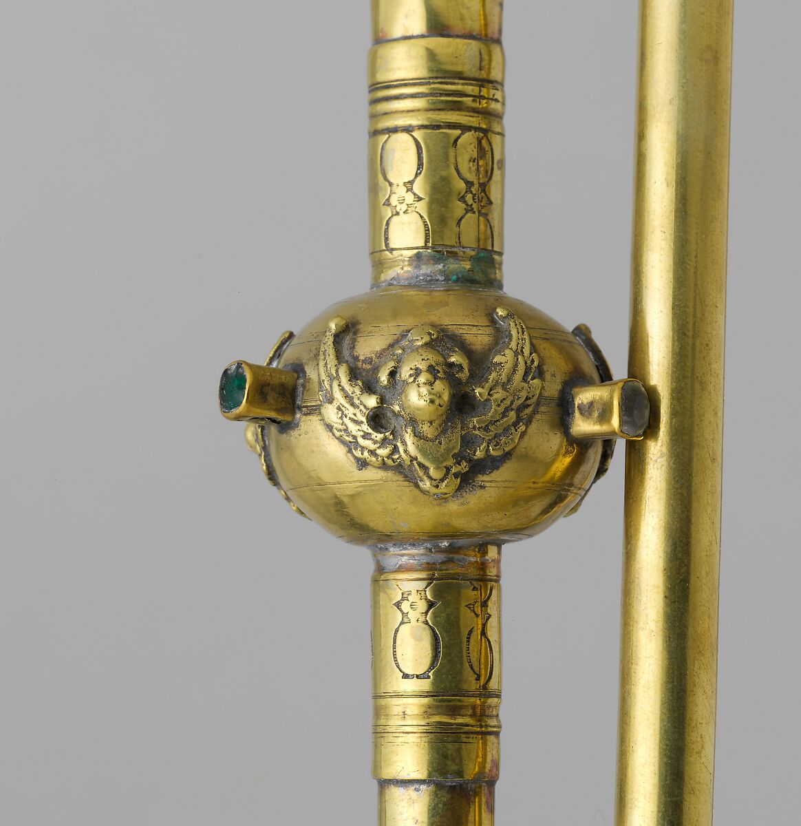 Natural Trumpet in D, Andreas Naeplaesnigg (Germany, active Jettingen ca. 1790), Brass, colored rock, German