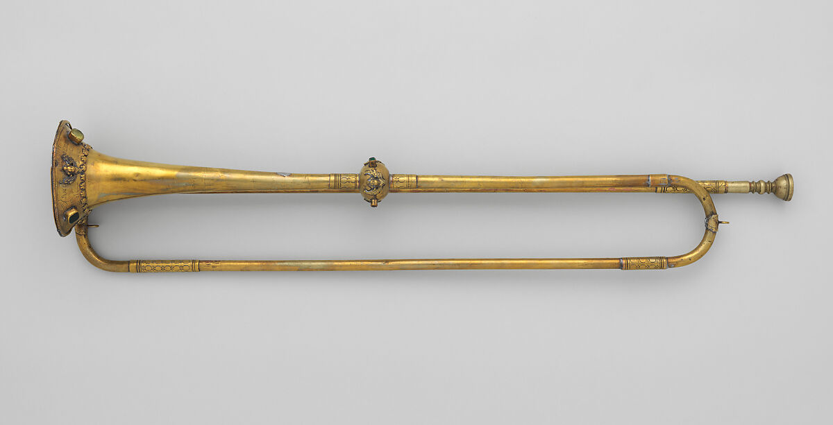 Natural Trumpet in D, Andreas Naeplaesnigg (Germany, active Jettingen ca. 1790), Brass, colored rock, German