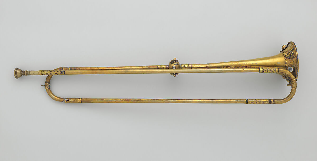 Natural Trumpet in D, Andreas Naeplaesnigg (Germany, active Jettingen ca. 1790), Brass, colored rock, German