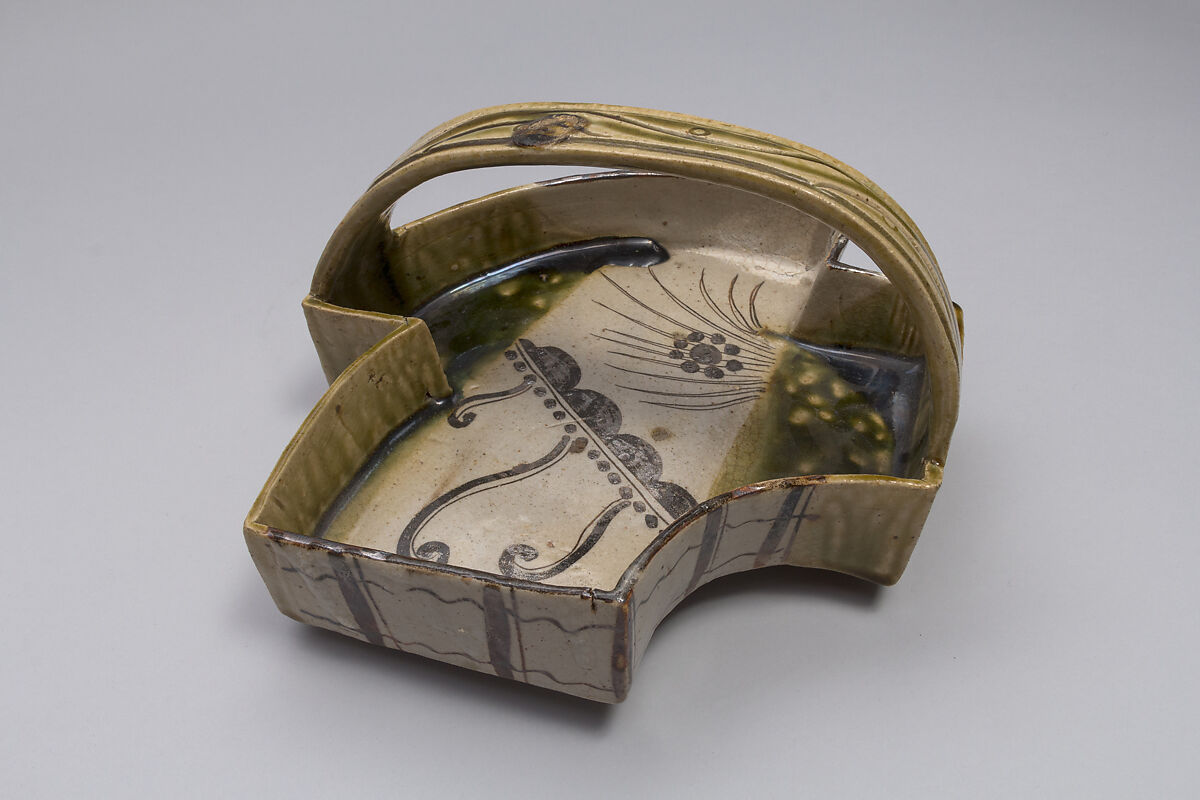 Dish in the Shape of a Double Fan with Arched Handle, Stoneware with underglaze iron brown and copper-green glaze (Mino ware, Oribe type), Japan