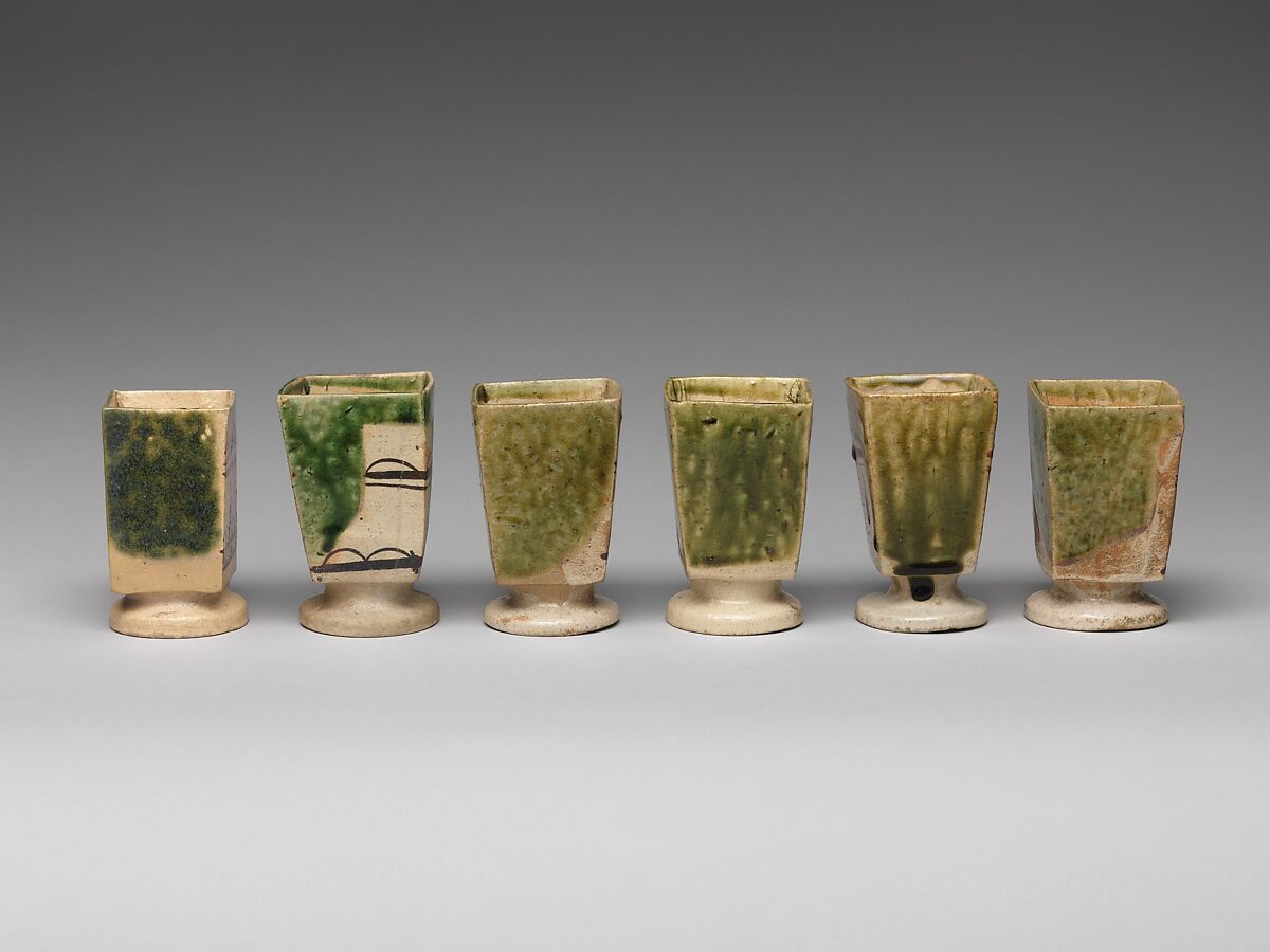 Set of Six Side Dishes (Mukōzuke) for Tea Gathering Meal (Cha-kaiseki), Stoneware with white slip and iron brown under transparent glaze and copper-green glaze (Mino ware, Oribe Yashichida type), Japan