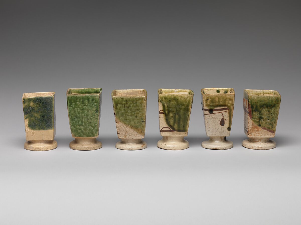 Set of Six Side Dishes (Mukōzuke) for Tea Gathering Meal (Cha-kaiseki), Stoneware with white slip and iron brown under transparent glaze and copper-green glaze (Mino ware, Oribe Yashichida type), Japan