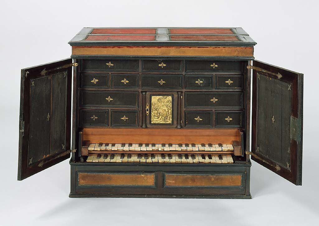 Claviorganum, Lorenz Hauslaib (German, Nuremberg 1568–1625 Regensburg), Wood, bone, ebony, metal, pear, quill, lead, leather, parchment, German 