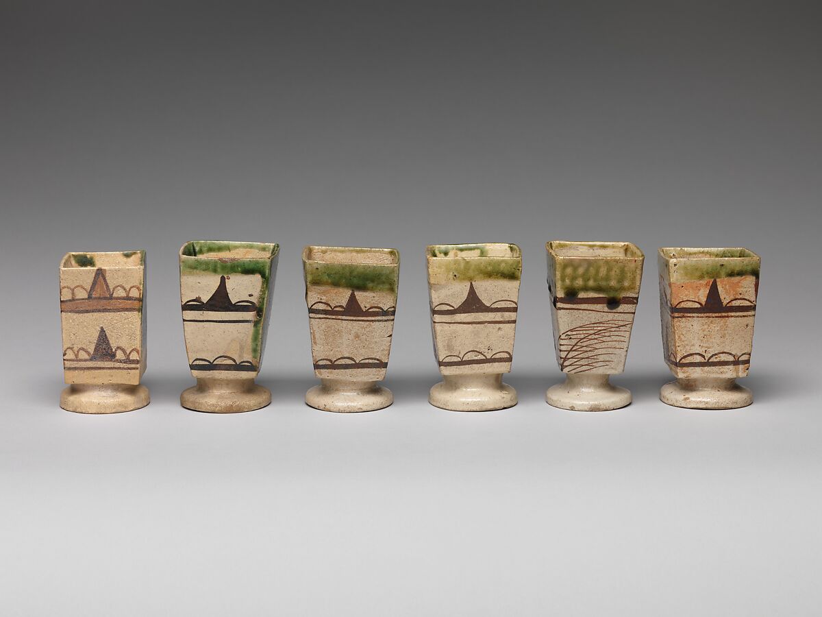 Set of Six Side Dishes (Mukōzuke) for Tea Gathering Meal (Cha-kaiseki), Stoneware with white slip and iron brown under transparent glaze and copper-green glaze (Mino ware, Oribe Yashichida type), Japan