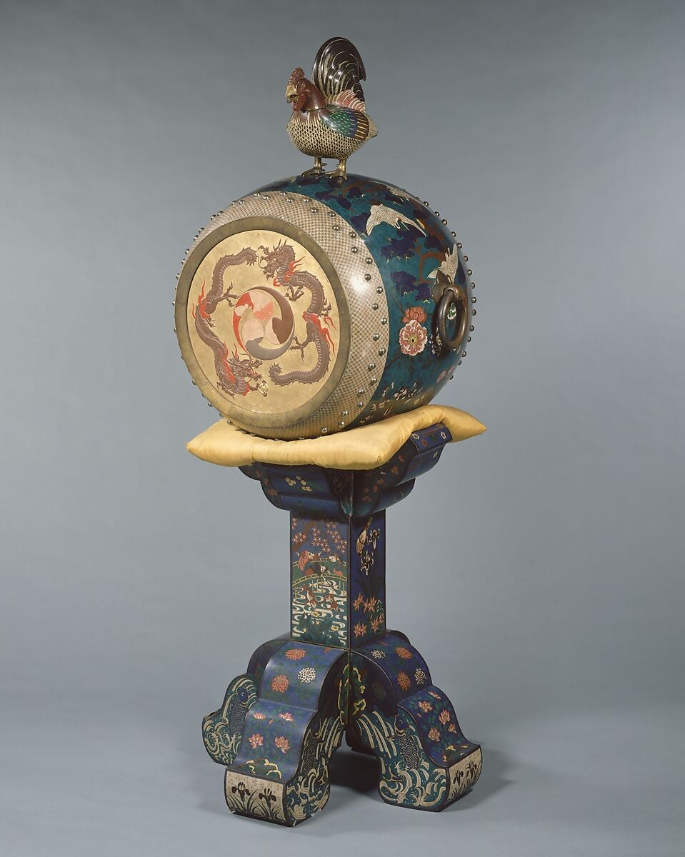 O-daiko, Attributed to Kodenji Hayashi (Japanese, Nagoya 1831–1915), Wood, metal, cloisonné, hide, silk, padding, Japanese
