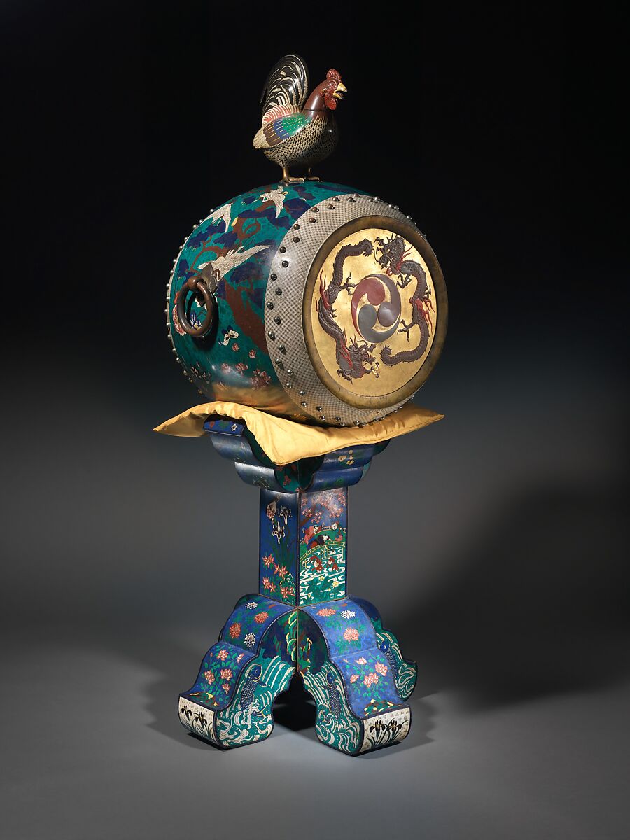 O-daiko, Attributed to Kodenji Hayashi (Japanese, Nagoya 1831–1915), Wood, metal, cloisonné, hide, silk, padding, Japanese 