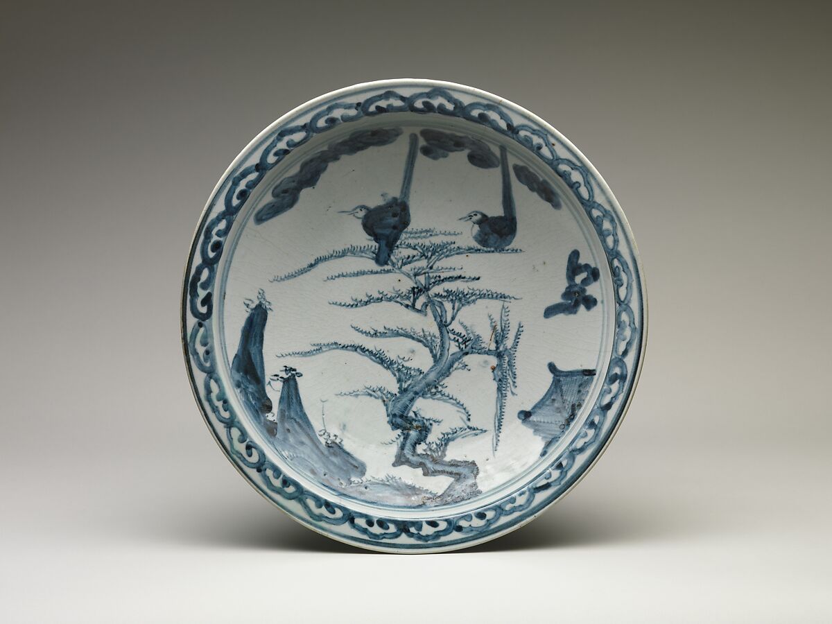 Dish with Birds on a Pine, Porcelain with underglaze blue (Hizen ware, early Imari type), Japan 