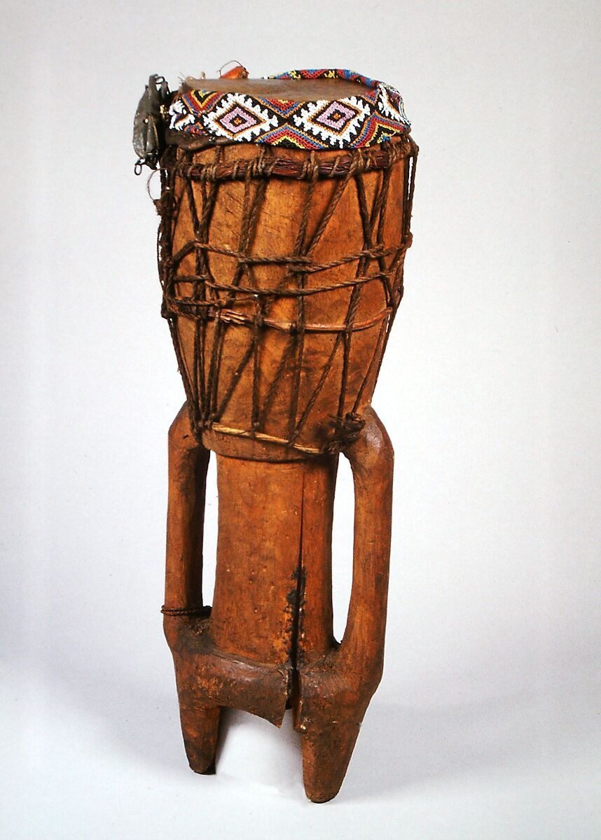 Drum, Susu people ?, wood, hide, beads, Sierra Leonean ? 