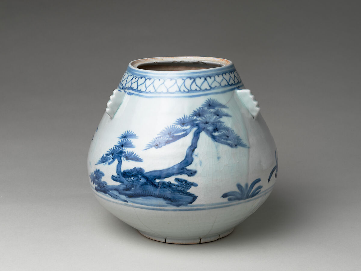 Freshwater Jar (Mizusashi) with Pines, Porcelain with cobalt blue under transparent glaze (Hizen ware, Arita type), Japan