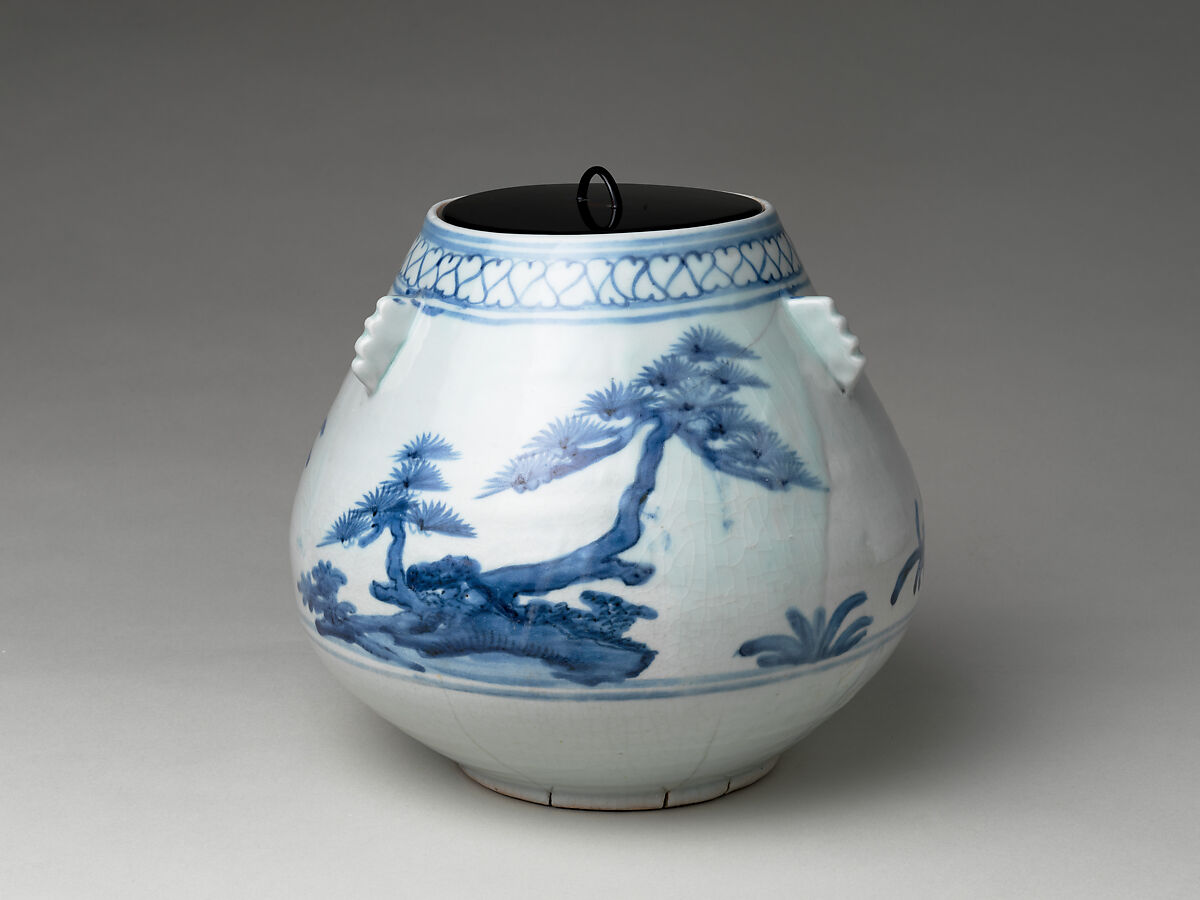 Freshwater Jar (Mizusashi) with Pines, Porcelain with cobalt blue under transparent glaze (Hizen ware, Arita type), Japan