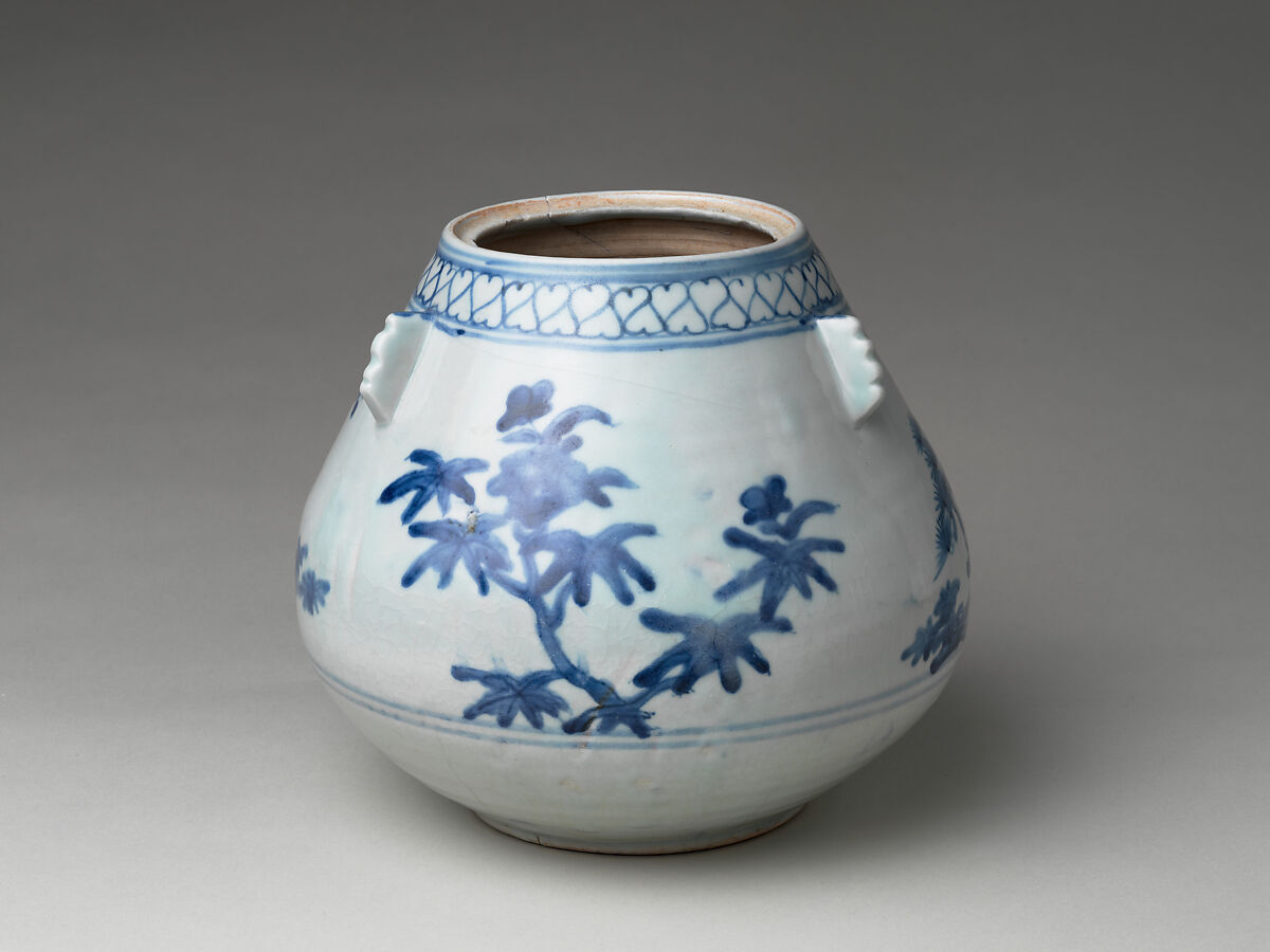 Freshwater Jar (Mizusashi) with Pines, Porcelain with cobalt blue under transparent glaze (Hizen ware, Arita type), Japan