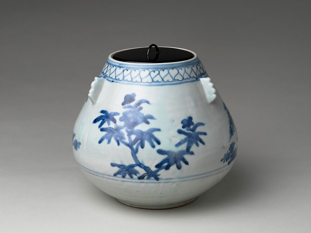 Freshwater Jar (Mizusashi) with Pines, Porcelain with cobalt blue under transparent glaze (Hizen ware, Arita type), Japan