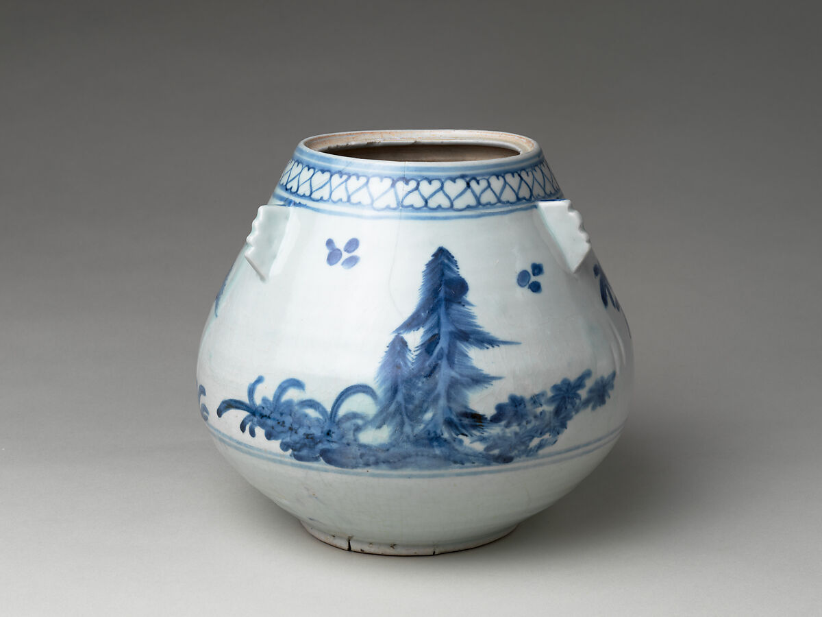 Freshwater Jar (Mizusashi) with Pines, Porcelain with cobalt blue under transparent glaze (Hizen ware, Arita type), Japan
