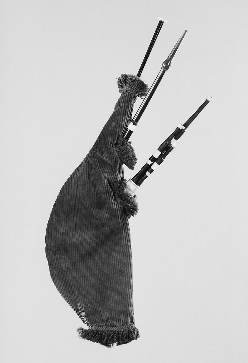 Scottish small pipe, wood, leather, corduroy, ivory, horn, Scottish