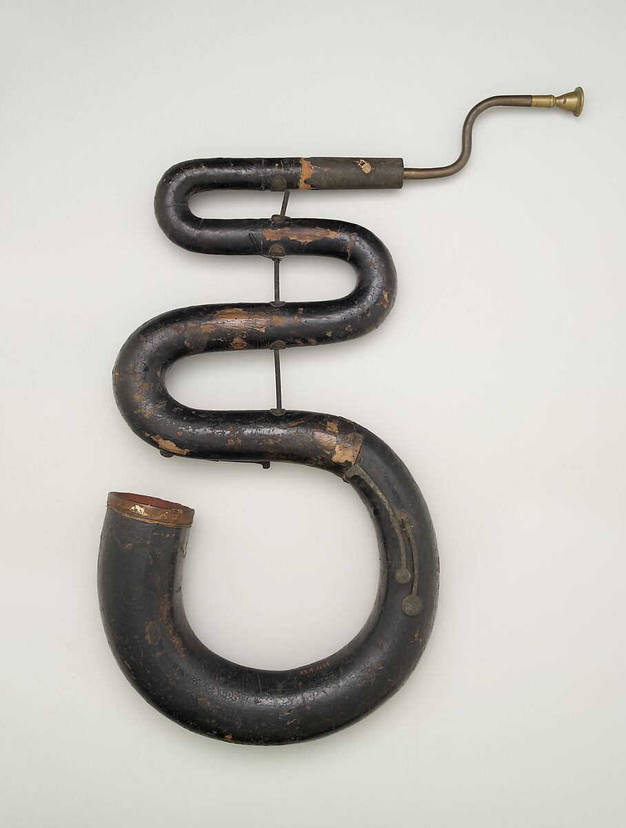 Serpent in C, Wood, leather, ivory, brass, sheet iron, British 