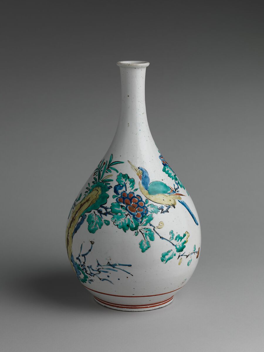 Bottle with Rock, Flowers, and Birds, Porcelain painted with colored enamels over transparent glaze (Hizen ware; Kakiemon type), Japan 