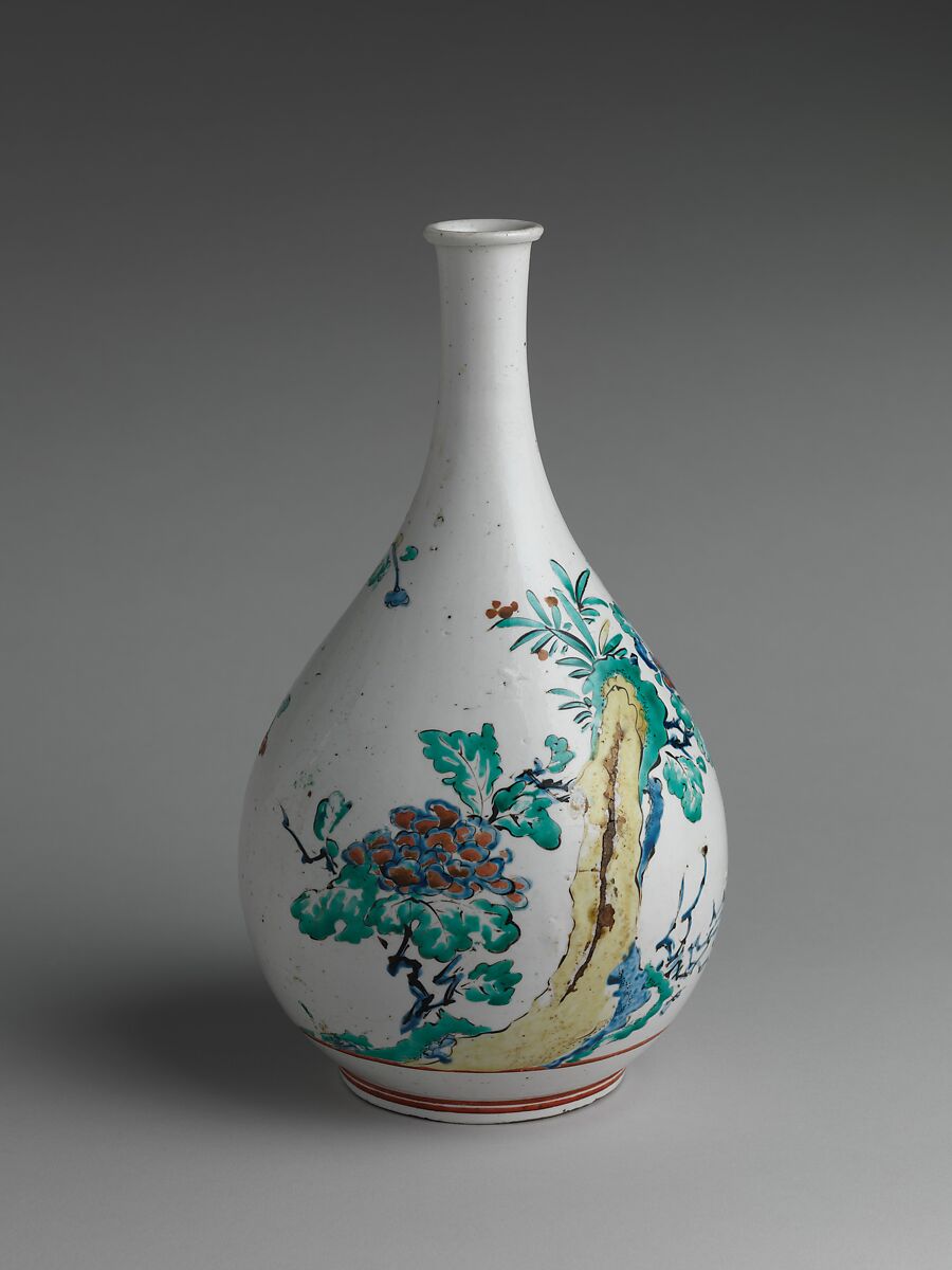 Bottle with Rock, Flowers, and Birds, Porcelain painted with colored enamels over transparent glaze (Hizen ware; Kakiemon type), Japan