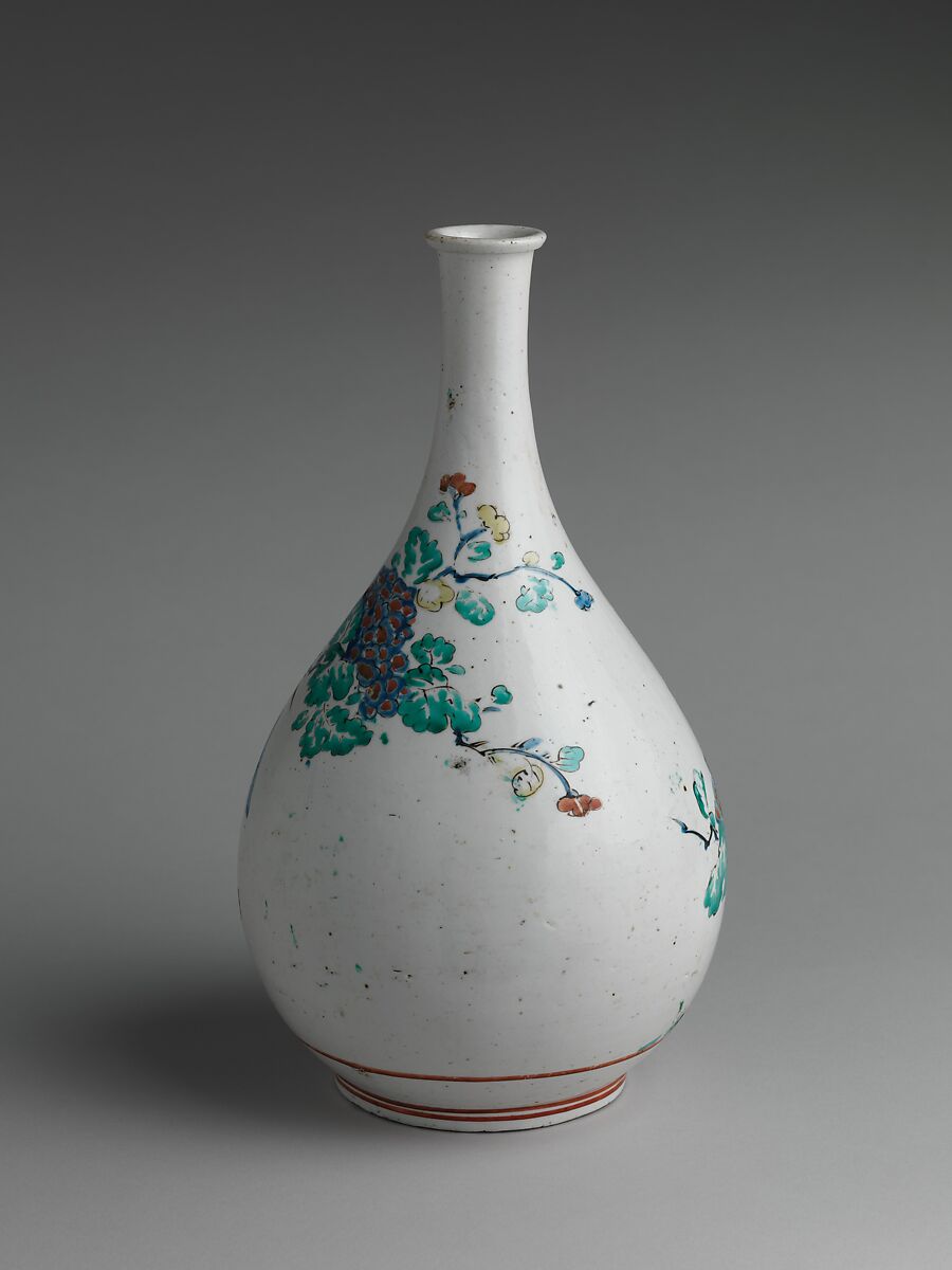 Bottle with Rock, Flowers, and Birds, Porcelain painted with colored enamels over transparent glaze (Hizen ware; Kakiemon type), Japan