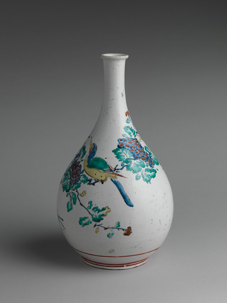 Bottle with Rock, Flowers, and Birds, Porcelain painted with colored enamels over transparent glaze (Hizen ware; Kakiemon type), Japan