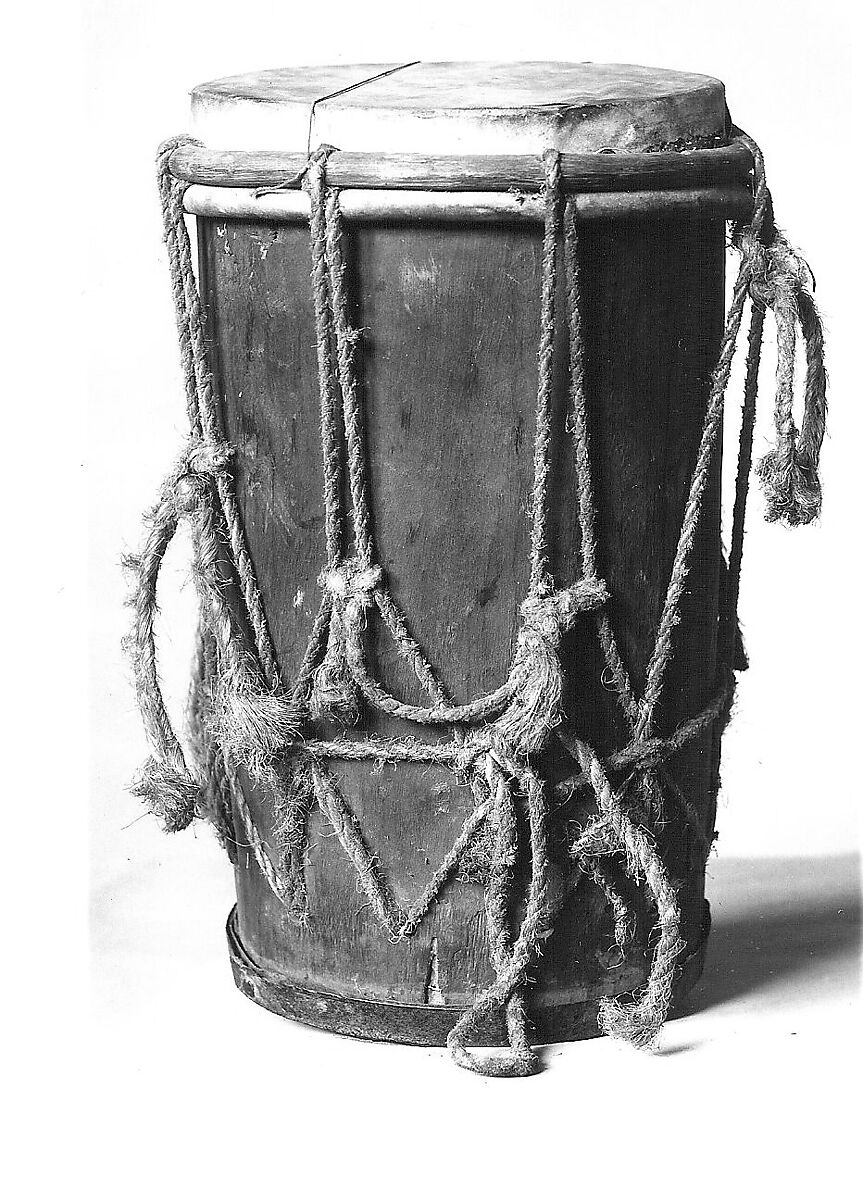 Drum, Wood, cane, rope, hide, African 