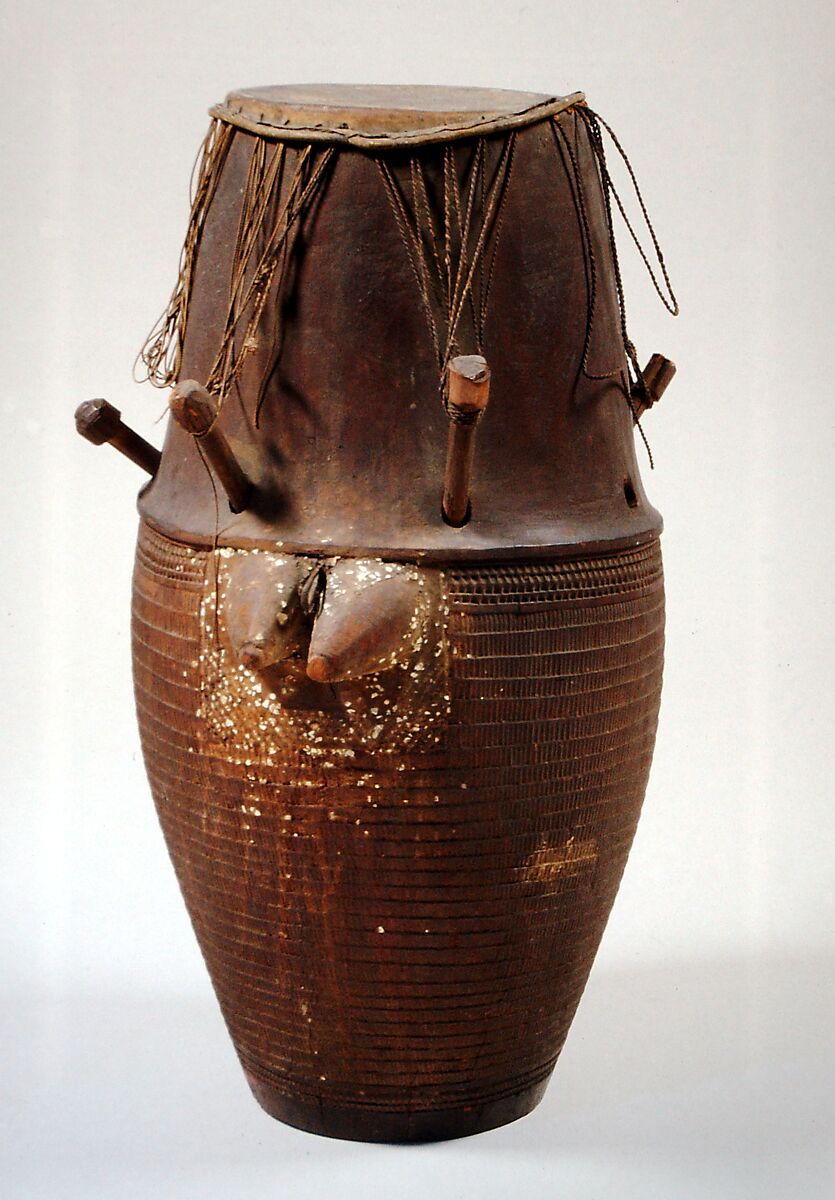 Breasted Drum, Wood, hide, egg, Akan, Ashanti (Asante)