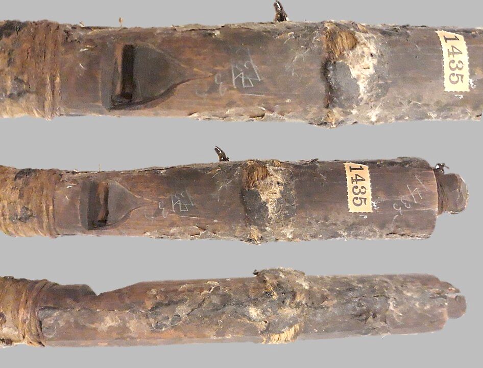 Stopped pipe (mechanically blown whistle), wood (red cedar or spruce), resin, cord, pig? bladder, Native American (Hamatsa, Kwakiutl)