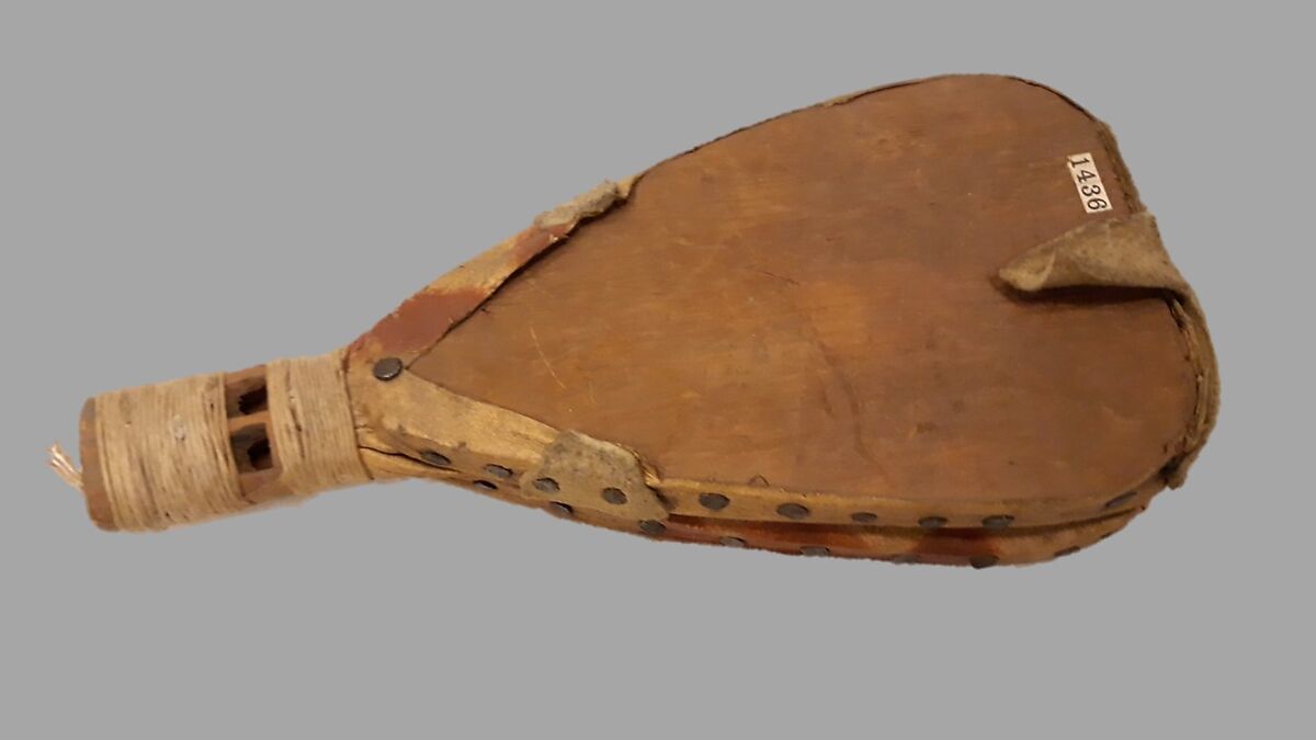 Stopped double pipe with bellows, wood (red cedar or spruce), leather, metal, cord., Native American (Haida) 