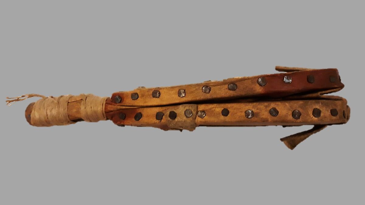 Stopped double pipe with bellows, wood (red cedar or spruce), leather, metal, cord., Native American (Haida)