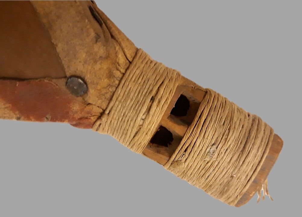 Stopped double pipe with bellows, wood (red cedar or spruce), leather, metal, cord., Native American (Haida)