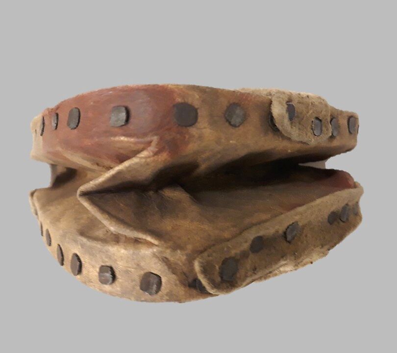 Stopped double pipe with bellows, wood (red cedar or spruce), leather, metal, cord., Native American (Haida)