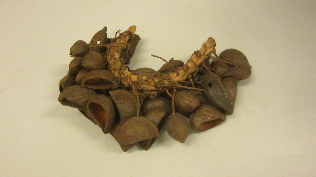 Strung Rattle, fruit or nut shells, fiber rope, cord, Native American (Brazilian) 
