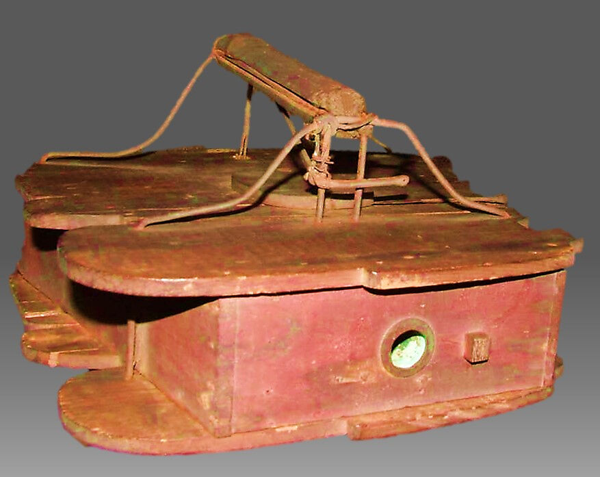 Whistle, wood, metal, paper, canvas?, Native American (Tlingit or Koluschan, probably)