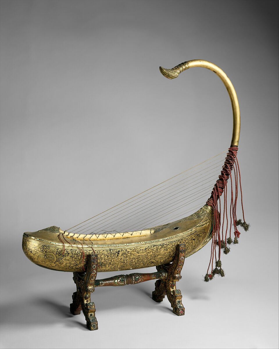 Saùng-Gauk, Wood, deerskin, paint, cotton cord, metal, glass, Burmese