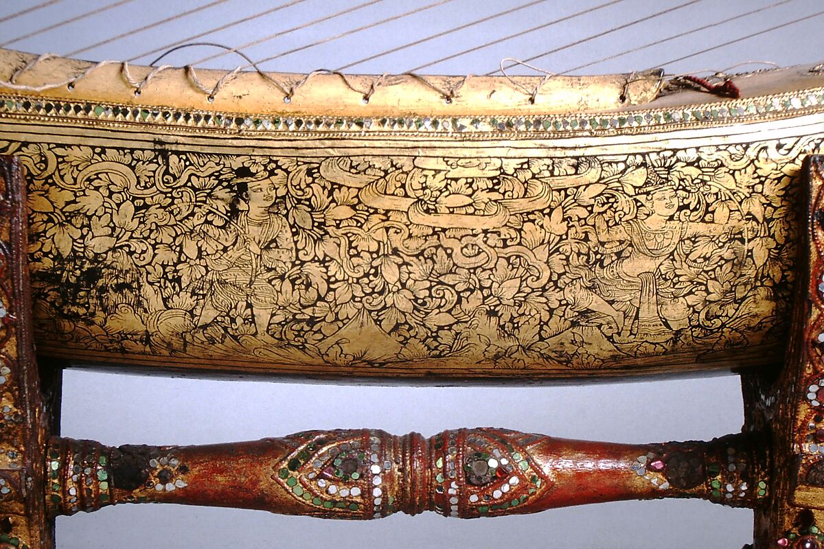 Saùng-Gauk, Wood, deerskin, paint, cotton cord, metal, glass, Burmese