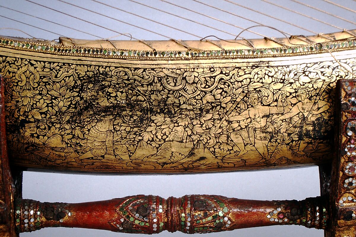 Saùng-Gauk, Wood, deerskin, paint, cotton cord, metal, glass, Burmese