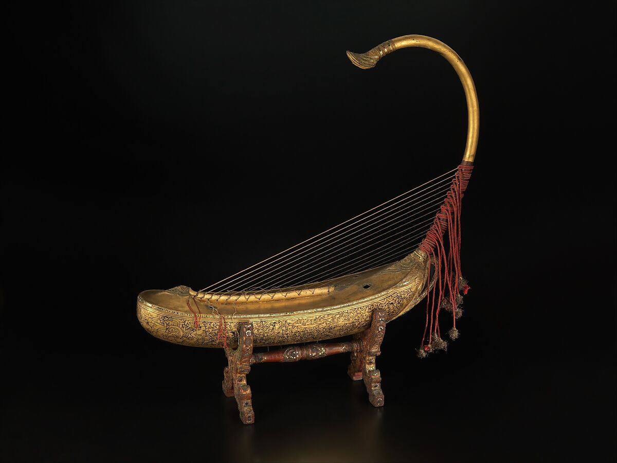 Saùng-Gauk, Wood, deerskin, paint, cotton cord, metal, glass, Burmese