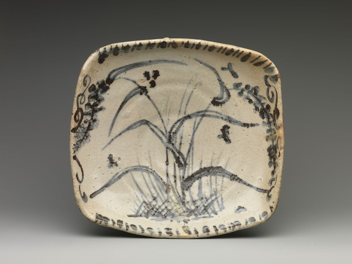 Dish with Reeds, Stoneware with underglaze iron decoration (Mino ware, Shino style), Japan 